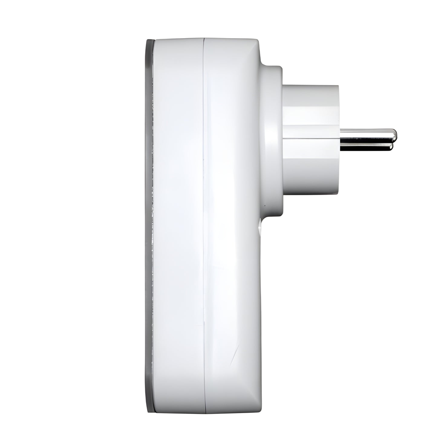 Zijaanzicht van wit Herschel T-PL plug-in thermostaat met geïntegreerde stekker