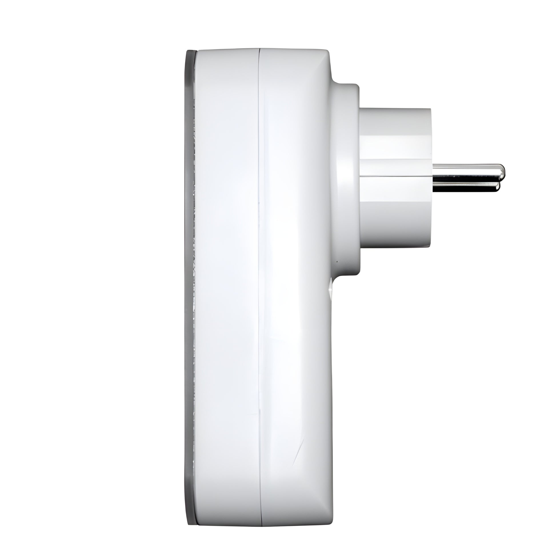 Zijaanzicht van wit Herschel T-PL plug-in thermostaat met geïntegreerde stekker