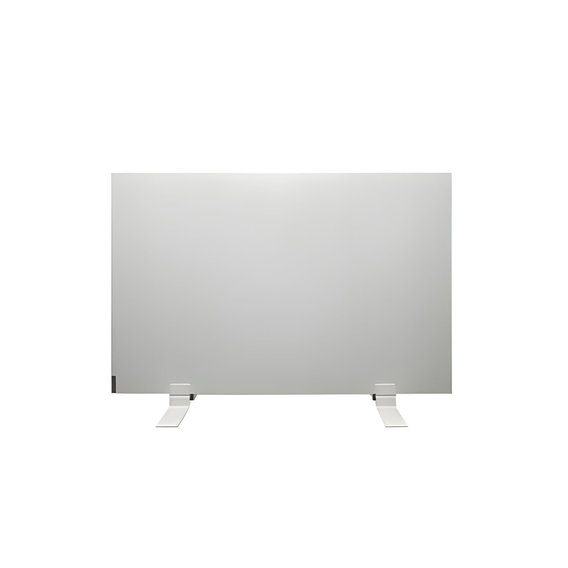 Wit Herschel XLS infrarood verwarmingspaneel met twee witte gemonteerde metalen vloersteunen, frontaal weergegeven tegen een witte achtergrond