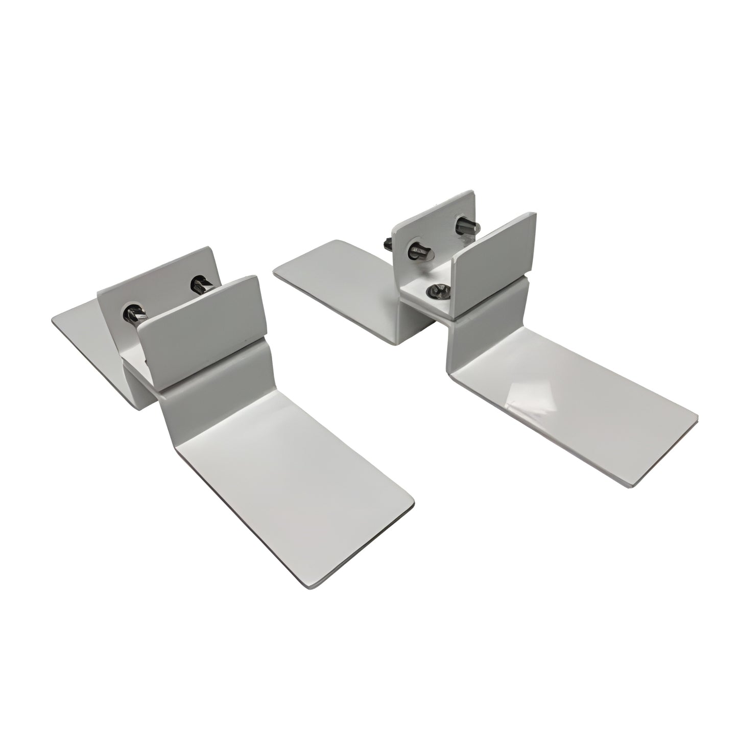 Set witte metalen vloersteunen met bevestigingsbouten voor Herschel XLS infrarood verwarmingspanelen, weergegeven tegen een witte achtergrond