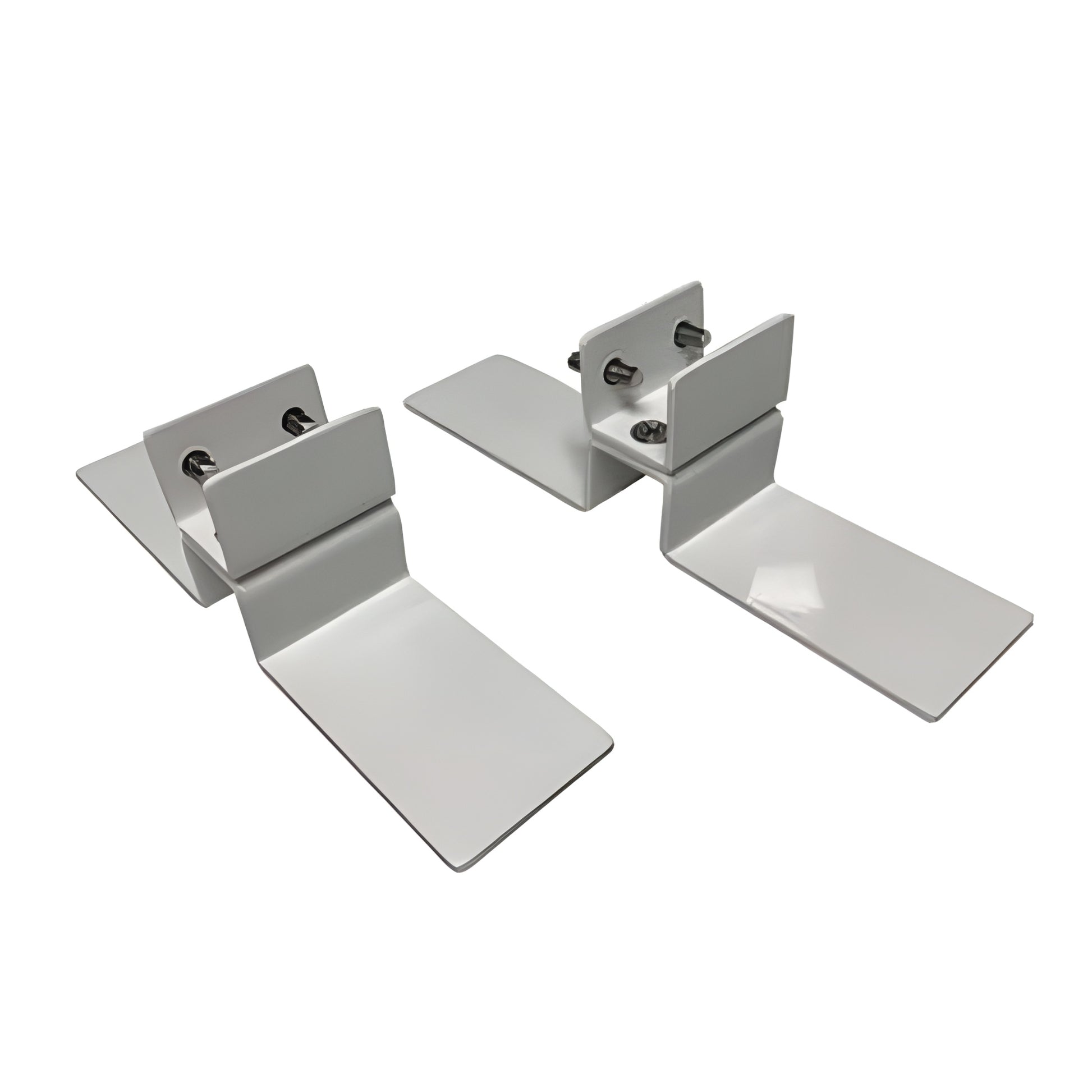Set witte metalen vloersteunen met bevestigingsbouten voor Herschel XLS infrarood verwarmingspanelen, weergegeven tegen een witte achtergrond