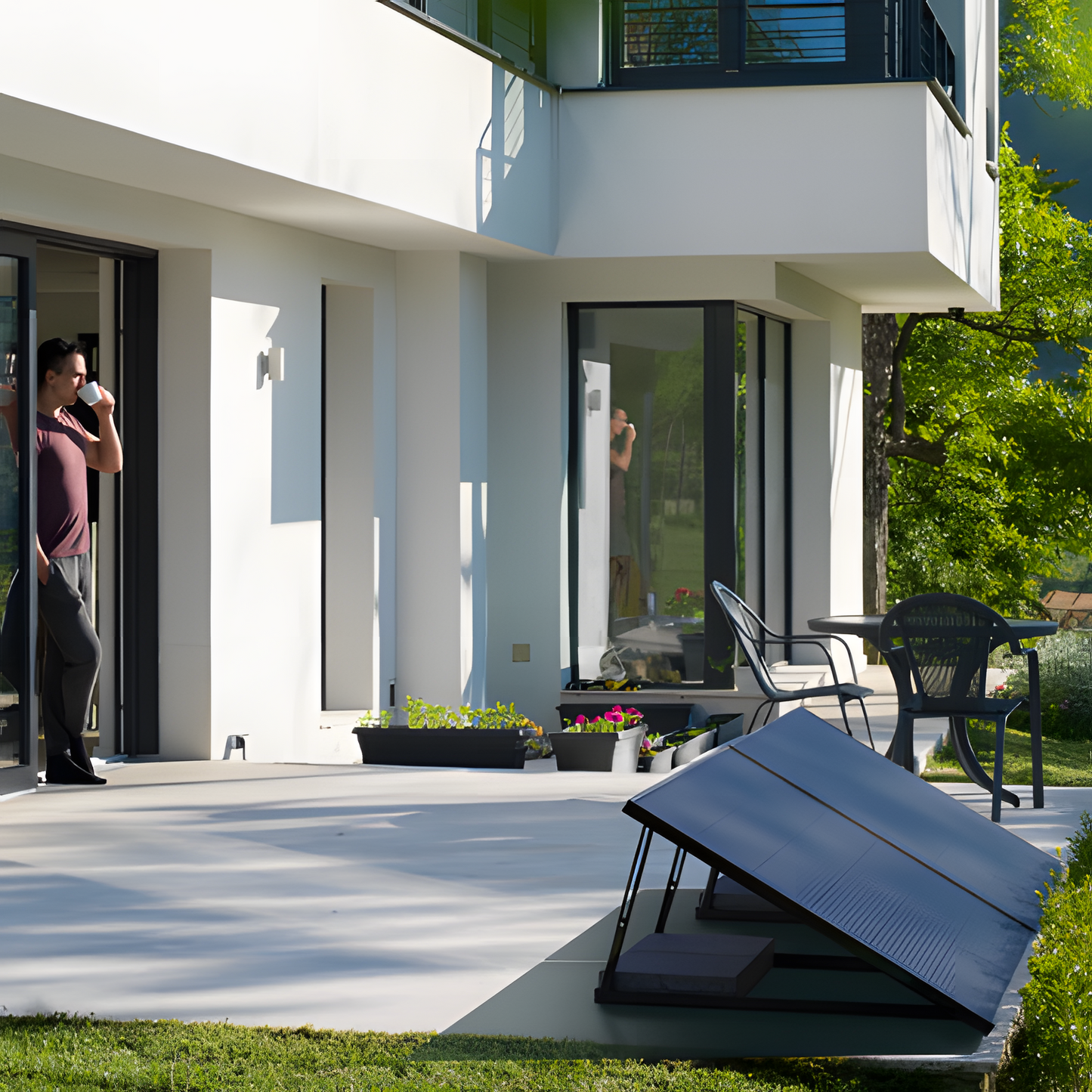 Plug & play zonnepanelen op terras bij moderne woning in gebruik