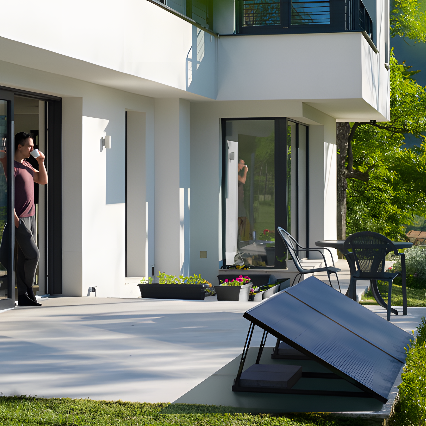 Plug & play zonnepanelen op terras bij moderne woning in gebruik