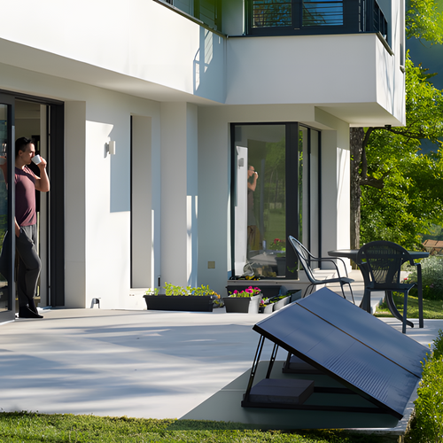 Plug & play zonnepanelen op terras bij moderne woning in gebruik