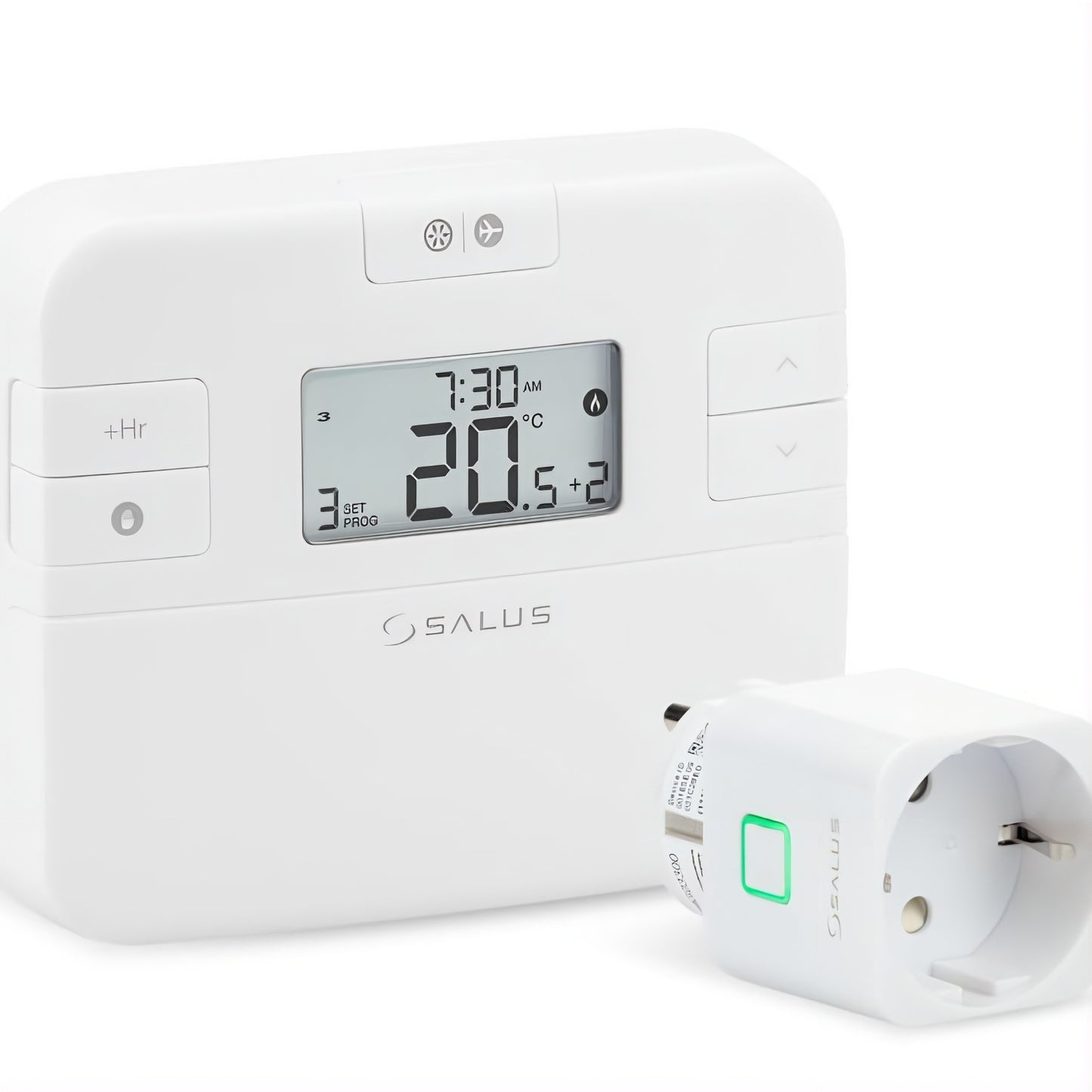 Witte Salus draadloze thermostaat met digitaal display naast draadloze stekkerontvanger met groen statuslampje op witte achtergrond