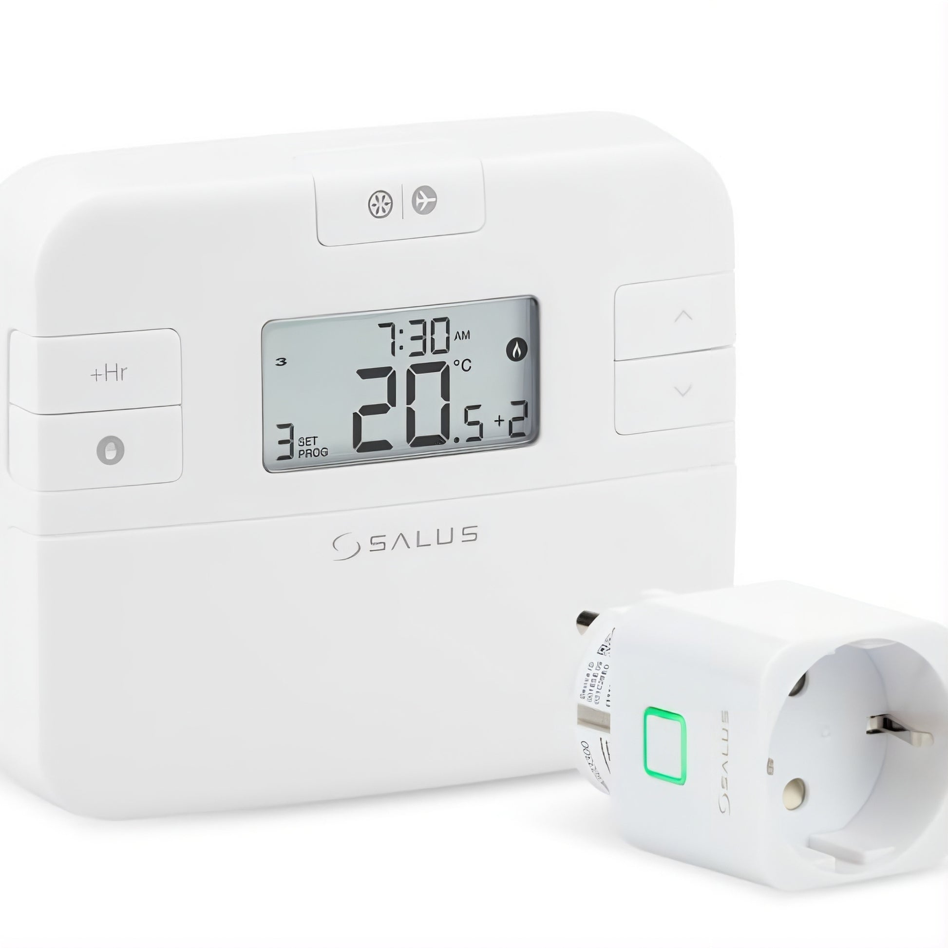 Witte Salus draadloze thermostaat met digitaal display naast draadloze stekkerontvanger met groen statuslampje op witte achtergrond
