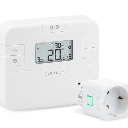 Witte Salus draadloze thermostaat met digitaal display naast draadloze stekkerontvanger met groen statuslampje op witte achtergrond
