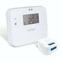 Salus RT510SR draadloze thermostaat en SR868 relais samen weergegeven op een witte achtergrond - wit