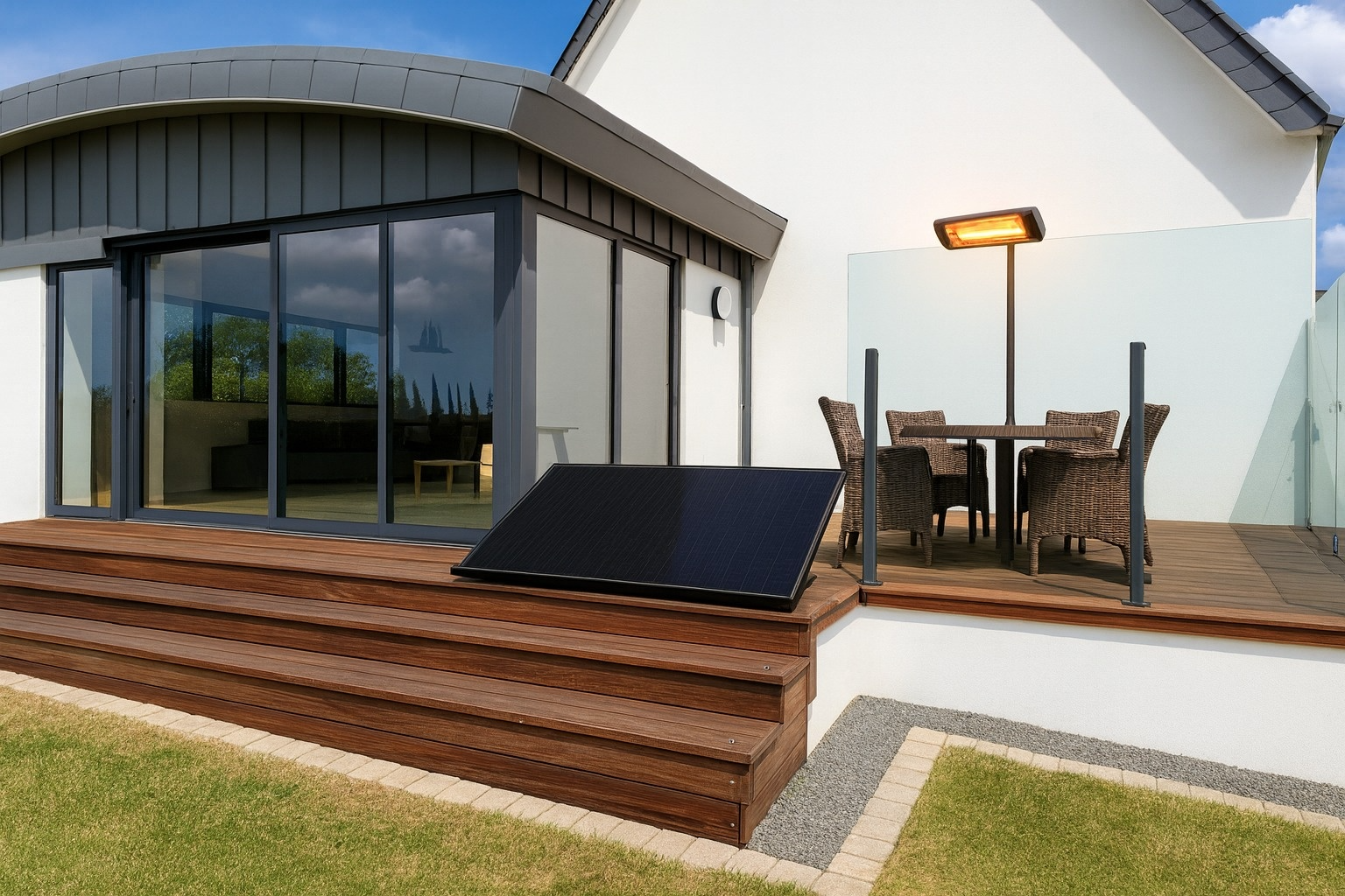 Modern buitenterras met zonnepaneel en elektrische terrasverwarmer voor energiezuinig comfort.